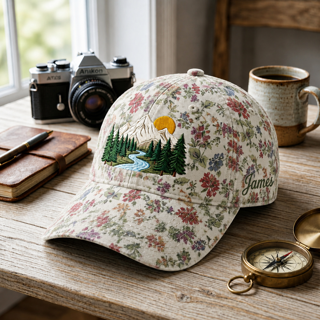 Personalized Mountain Forest River Sun Pine Trees Nature Embroidered Floral & Leopard Brim Hat