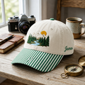 Personalized Mountain Forest River Sun Pine Trees Nature Embroidered Gingham & Stripe Brim Hat
