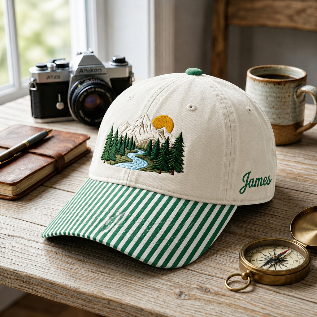 Personalized Mountain Forest River Sun Pine Trees Nature Embroidered Gingham & Stripe Brim Hat