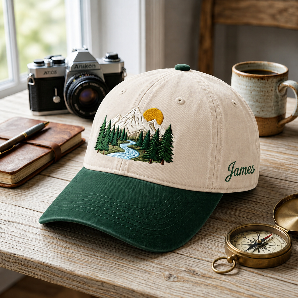 Personalized Mountain Forest River Sun Pine Trees Nature Embroidered Two-Tone Hat