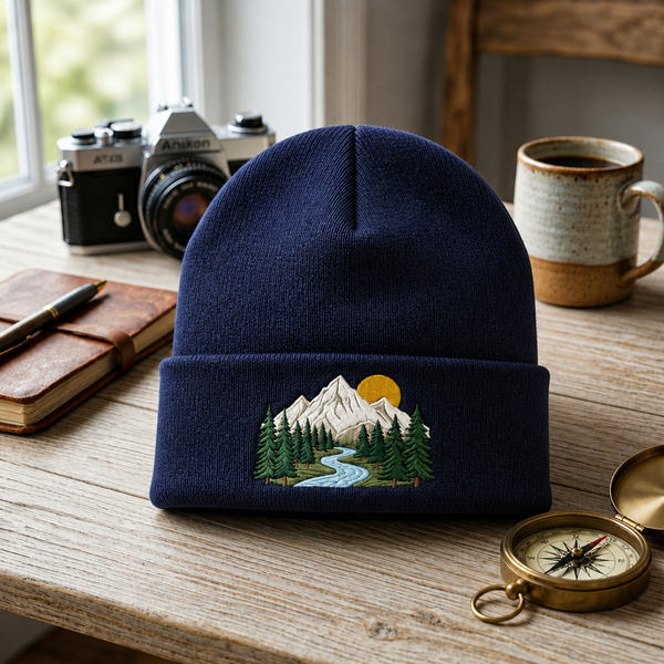 Personalized Mountain Forest River Sun Pine Trees Nature Embroidered Beanie