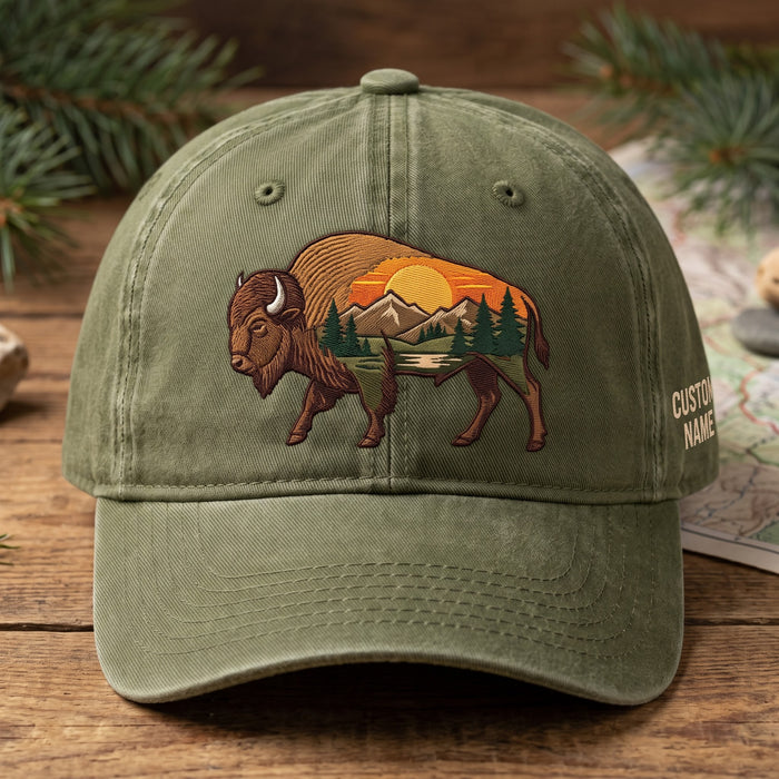 Personalized Bison Mountain Sunset Wilderness Scene Embroidered Hat