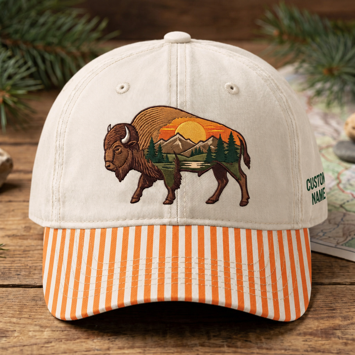 Personalized Bison Mountain Sunset Wilderness Scene Embroidered Gingham & Stripe Brim Hat