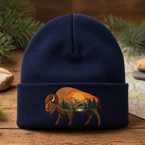 Personalized Bison Mountain Sunset Wilderness Scene Embroidered Beanie