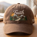Personalized Faith Mountain Sunrise Cross Path Trees Embroidered Hat — Washed Hat