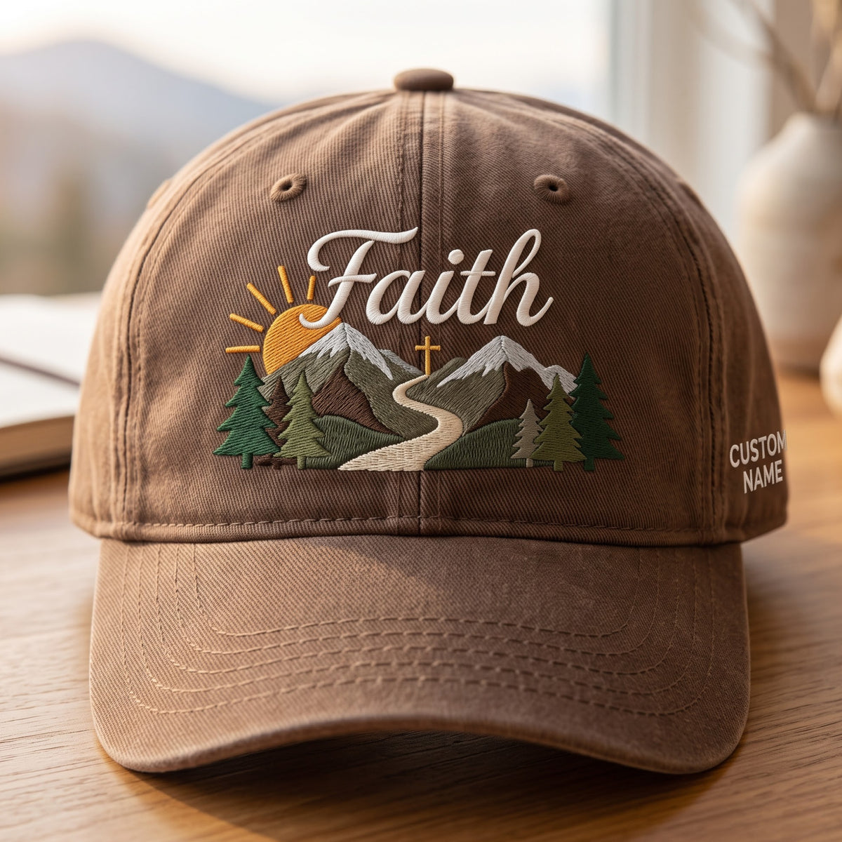Personalized Faith Mountain Sunrise Cross Path Trees Embroidered Hat — Washed Hat