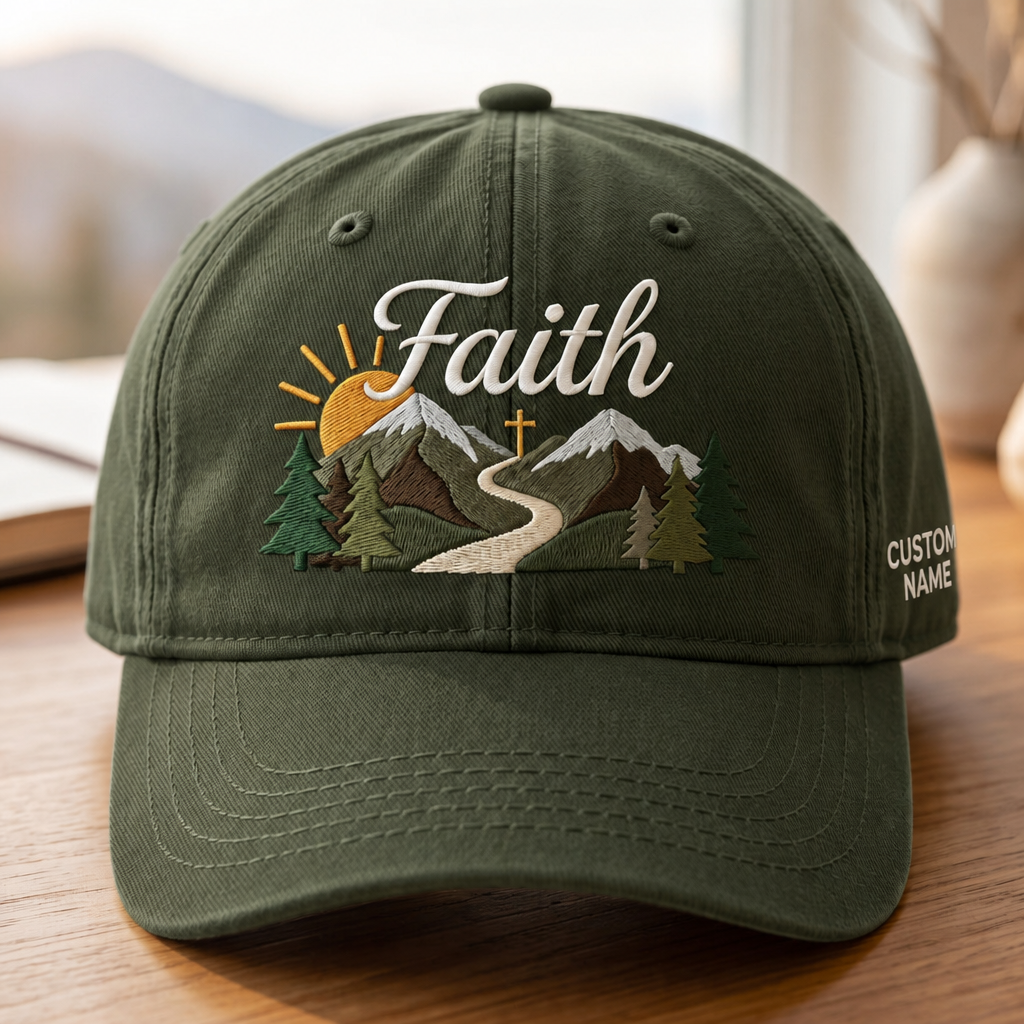 Personalized Faith Mountain Sunrise Cross Path Trees Embroidered Hat