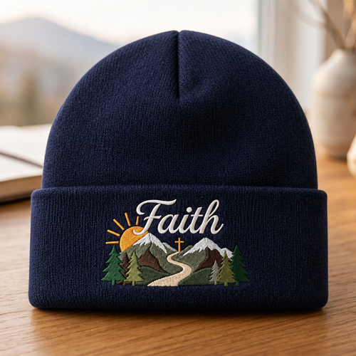 Personalized Faith Mountain Sunrise Cross Path Trees Embroidered Beanie