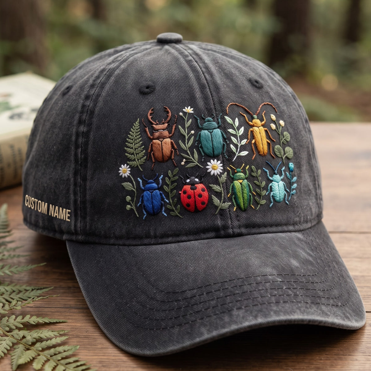 Personalized Colorful Beetles Ladybug Wildflower Garden Embroidered Hat — Washed Hat