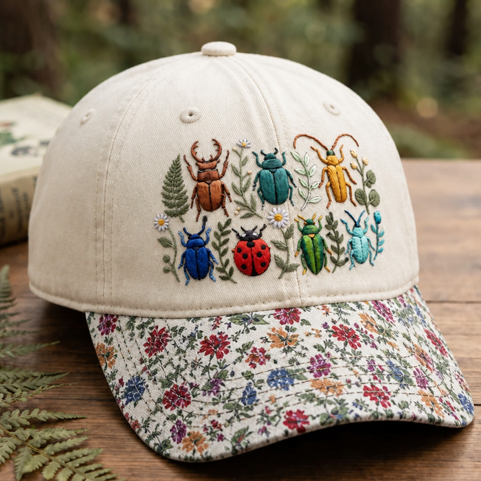 Personalized Colorful Beetles Ladybug Wildflower Garden Embroidered Floral & Leopard Brim Hat