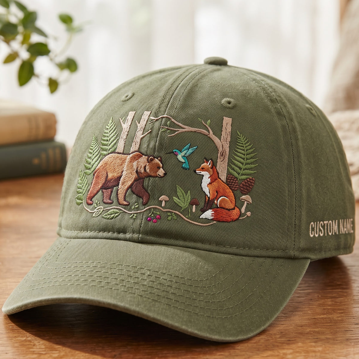Personalized Forest Bear Fox Hummingbird Woodland Scene Embroidered Hat — Baseball Cap