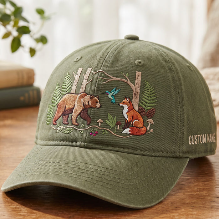 Personalized Forest Bear Fox Hummingbird Woodland Scene Embroidered Hat