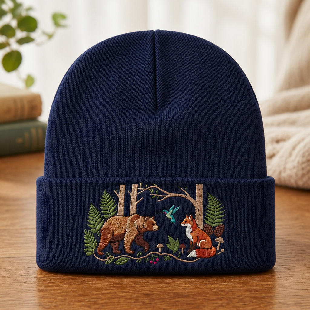 Personalized Forest Bear Fox Hummingbird Woodland Scene Embroidered Beanie