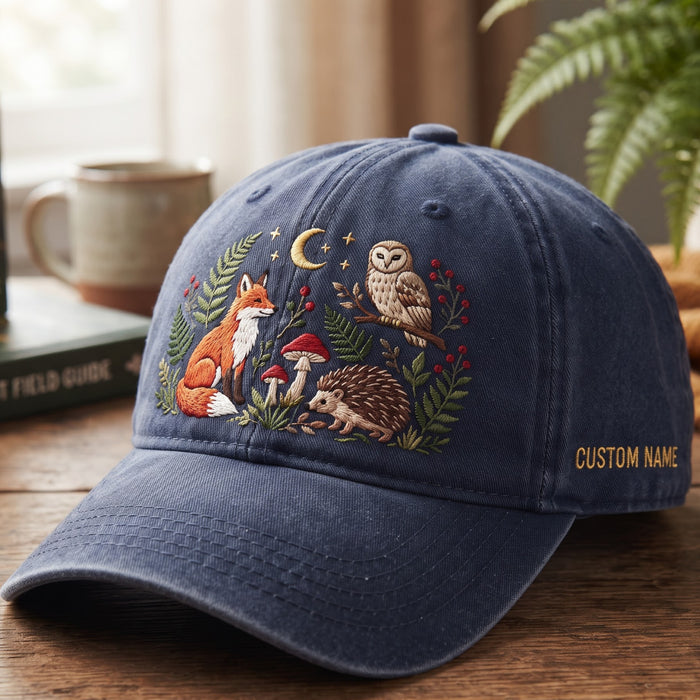 Personalized Woodland Fox Owl Hedgehog Mushroom Moon Botanical Embroidered Hat