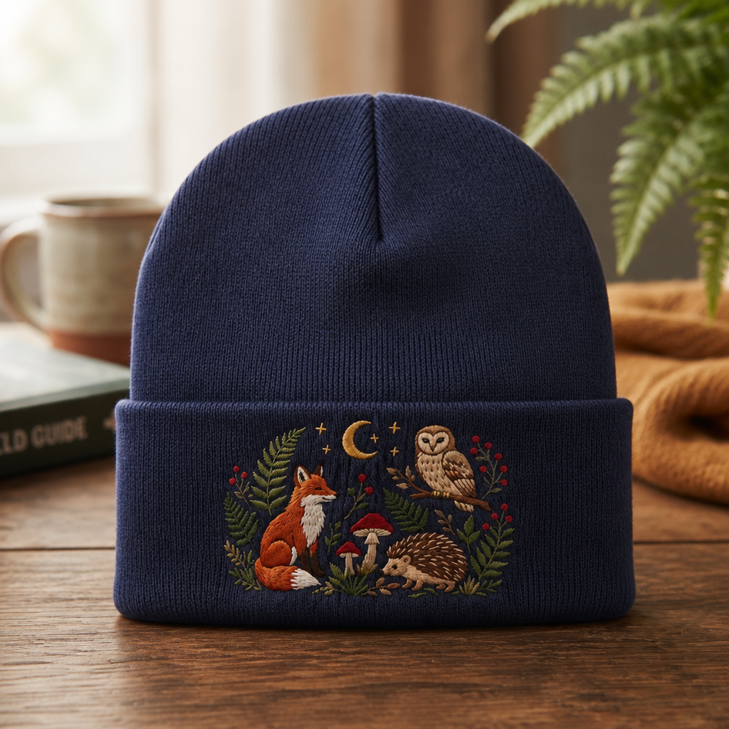 Personalized Woodland Fox Owl Hedgehog Mushroom Moon Botanical Embroidered Beanie