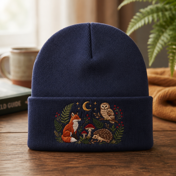 Personalized Woodland Fox Owl Hedgehog Mushroom Moon Botanical Embroidered Beanie