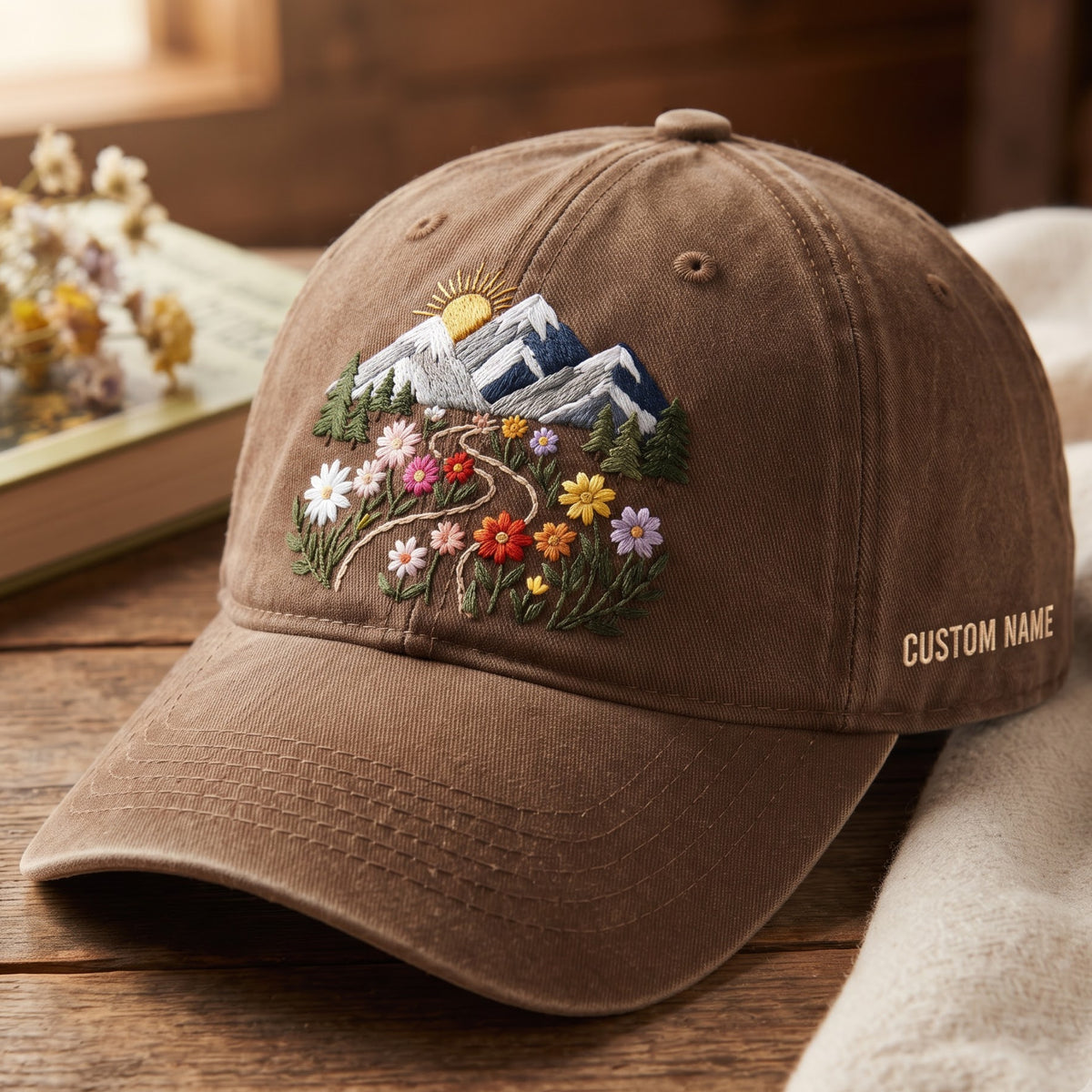 Personalized Mountain Wildflower Meadow Sunrise Scenic Embroidered Hat — Washed Hat