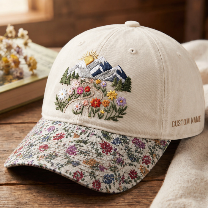 Personalized Mountain Wildflower Meadow Sunrise Scenic Embroidered Floral & Leopard Brim Hat