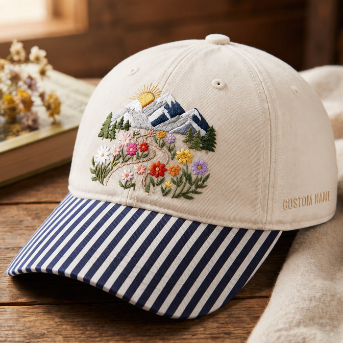Personalized Mountain Wildflower Meadow Sunrise Scenic Embroidered Gingham & Stripe Brim Hat