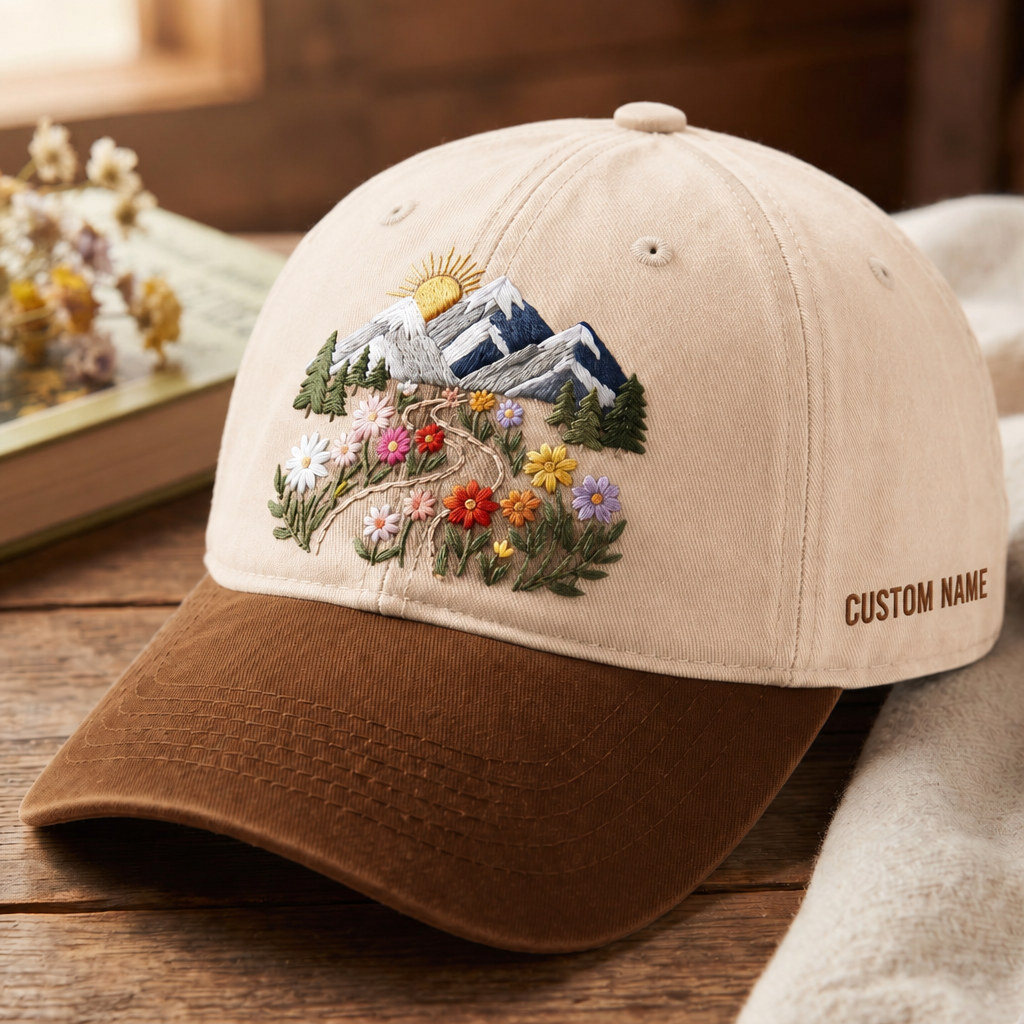Personalized Mountain Wildflower Meadow Sunrise Scenic Embroidered Two-Tone Hat