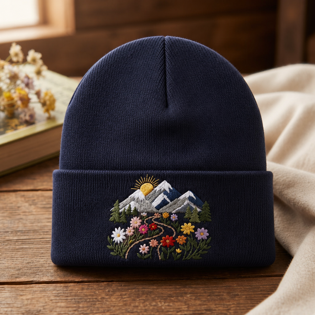 Personalized Mountain Wildflower Meadow Sunrise Scenic Embroidered Beanie