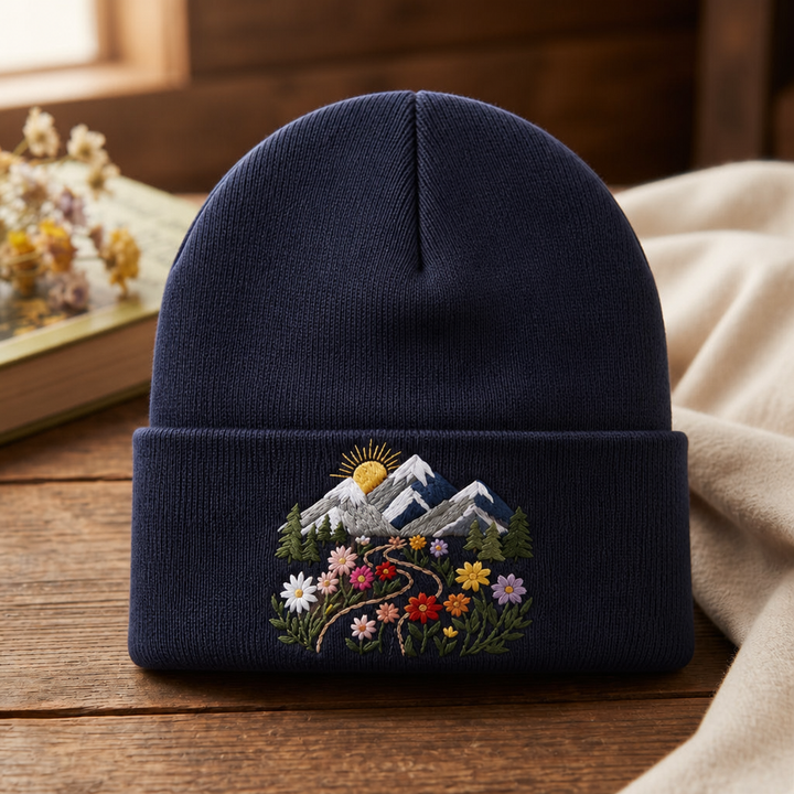 Personalized Mountain Wildflower Meadow Sunrise Scenic Embroidered Beanie