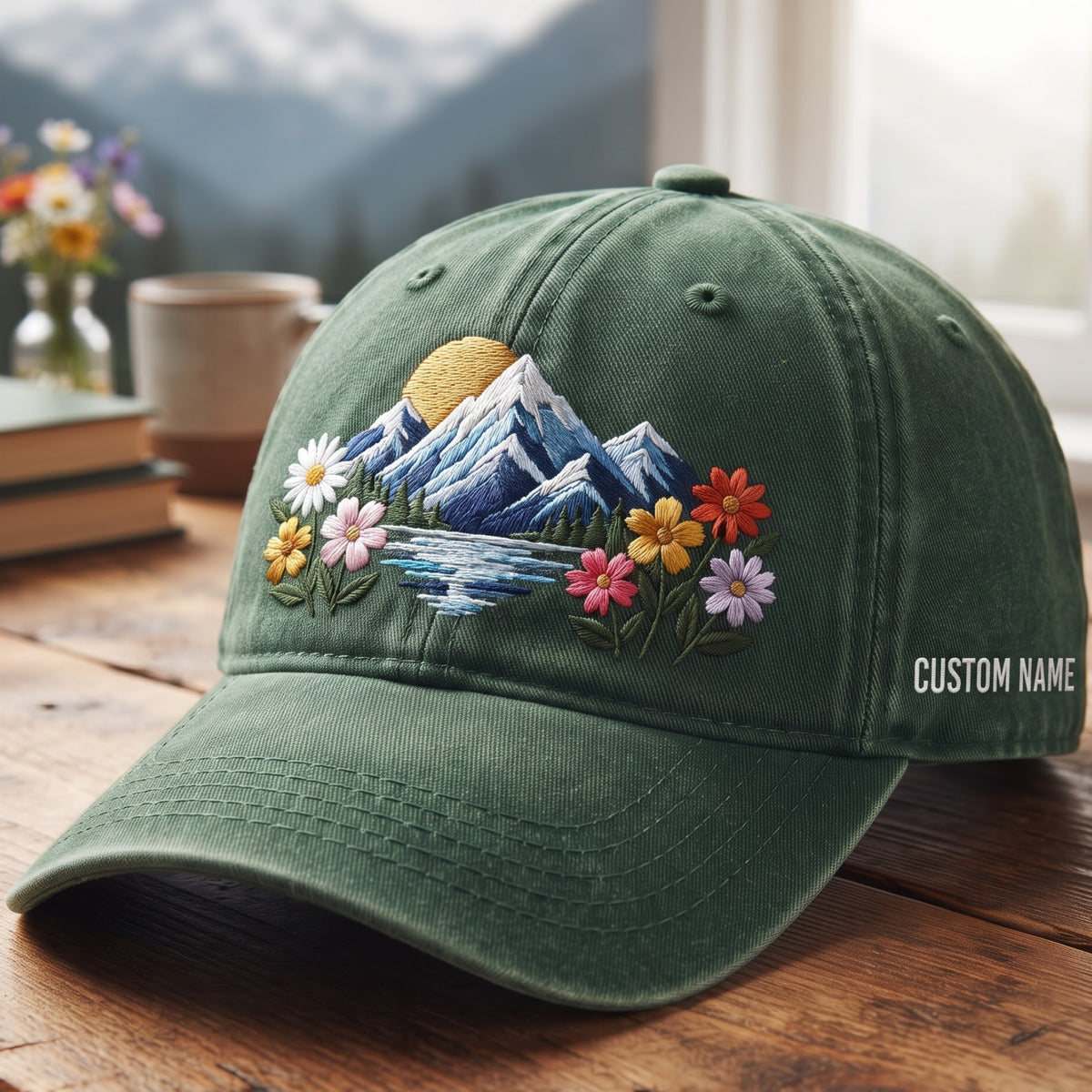 Personalized Mountain Wildflower Lake Scenic Embroidered Hat — Washed Hat