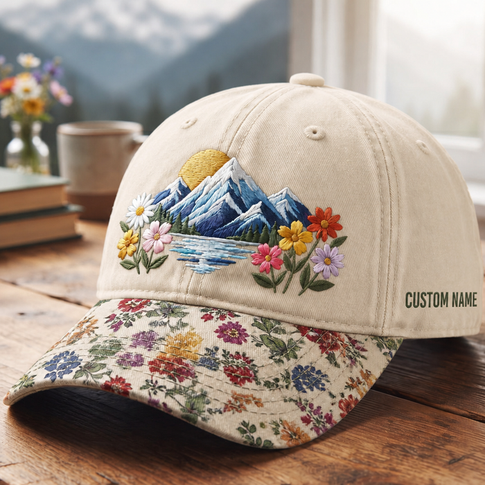 Personalized Mountain Wildflower Lake Scenic Embroidered Floral & Leopard Brim Hat
