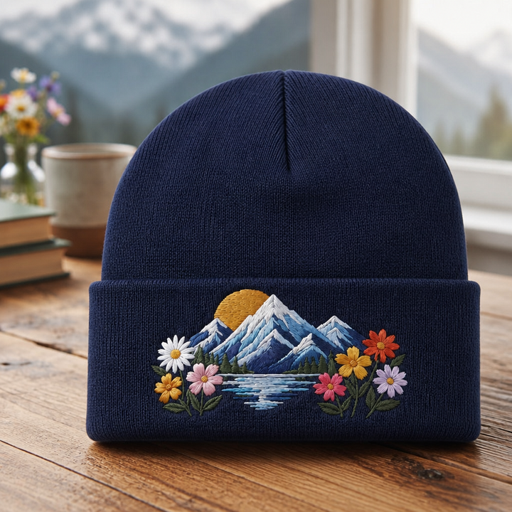 Personalized Mountain Wildflower Lake Scenic Embroidered Beanie