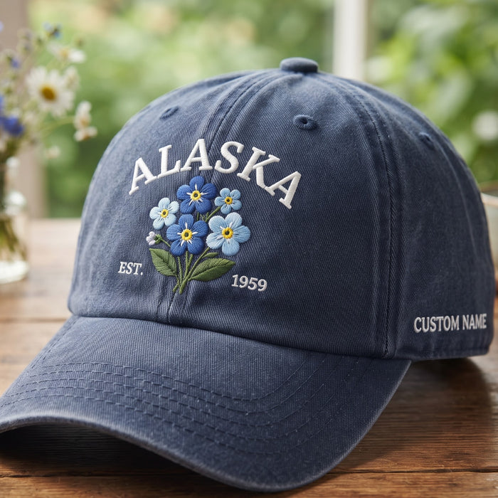 Personalized Alaska Forget-Me-Not State Flower EST 1959 Embroidered Hat