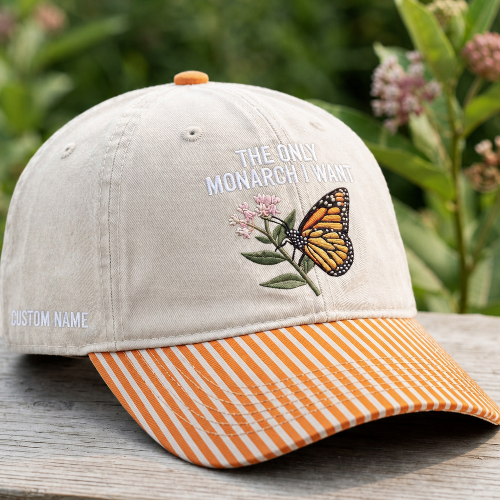 Personalized Monarch Butterfly Milkweed Flower The Only Monarch I Want Embroidered Gingham & Stripe Brim Hat