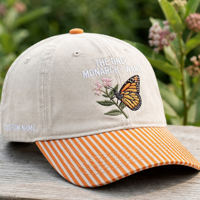 Personalized Monarch Butterfly Milkweed Flower The Only Monarch I Want Embroidered Gingham & Stripe Brim Hat