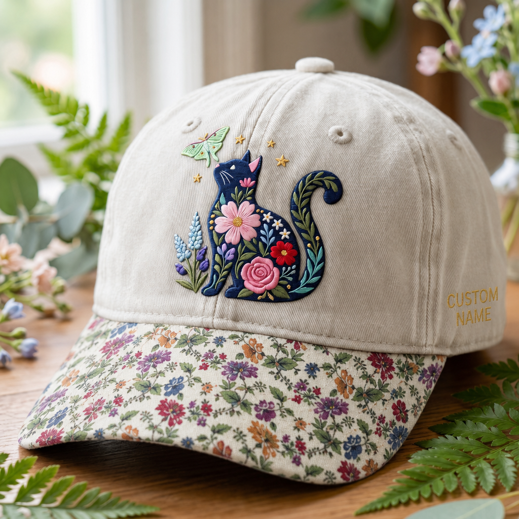 Personalized Floral Cat Silhouette Wildflower Botanical Moth Stars Embroidered Floral & Leopard Brim Hat
