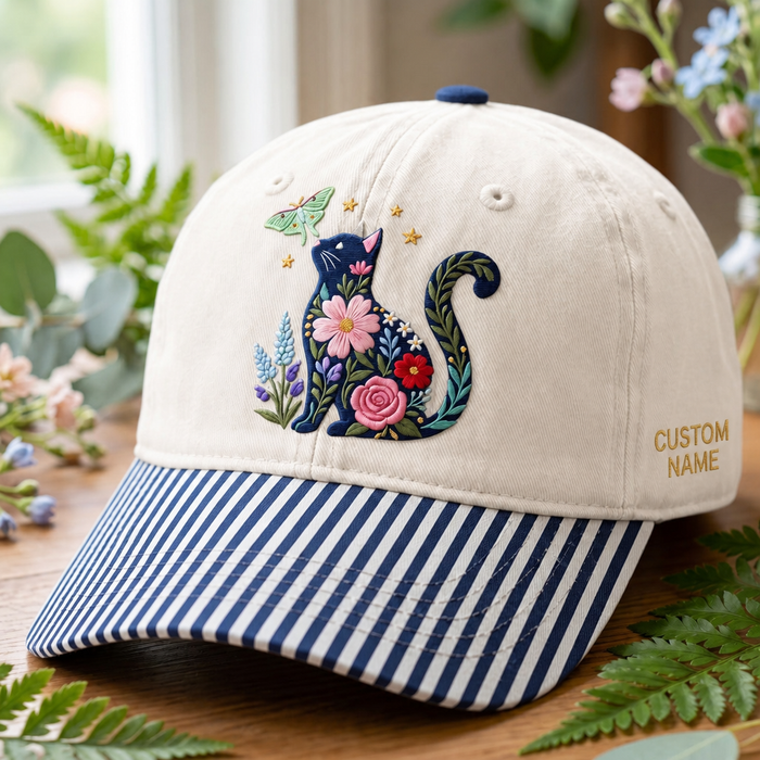 Personalized Floral Cat Silhouette Wildflower Botanical Moth Stars Embroidered Gingham & Stripe Brim Hat