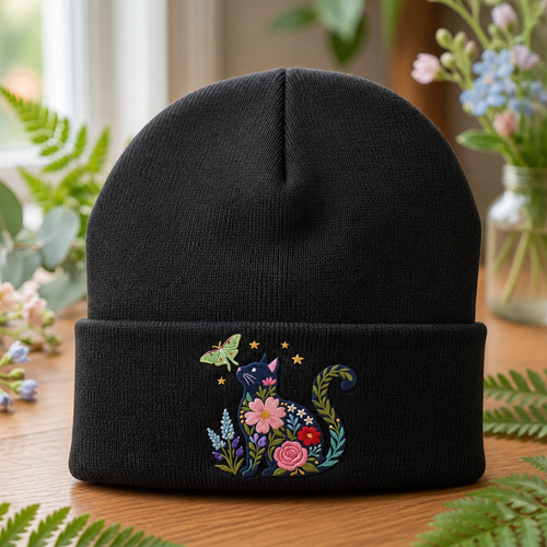 Personalized Floral Cat Silhouette Wildflower Botanical Moth Stars Embroidered Beanie
