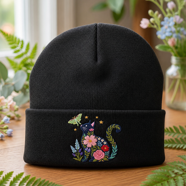 Personalized Floral Cat Silhouette Wildflower Botanical Moth Stars Embroidered Beanie