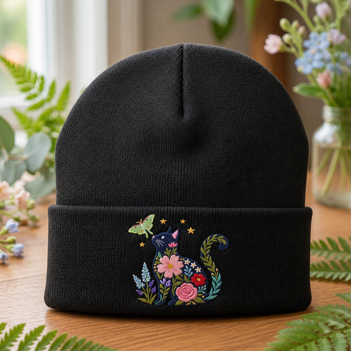 Personalized Floral Cat Silhouette Wildflower Botanical Moth Stars Embroidered Beanie