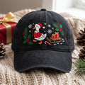 Christmas Goose Santa Hat Sled Gifts Holly Snowflakes Embroidered Hat — Washed Hat