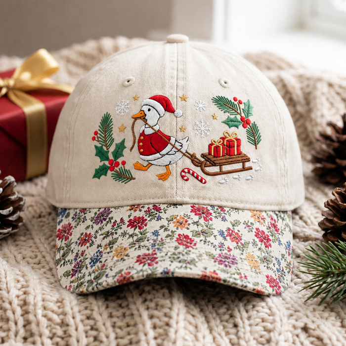 Christmas Goose Santa Hat Sled Gifts Holly Snowflakes Embroidered Floral & Leopard Brim Hat