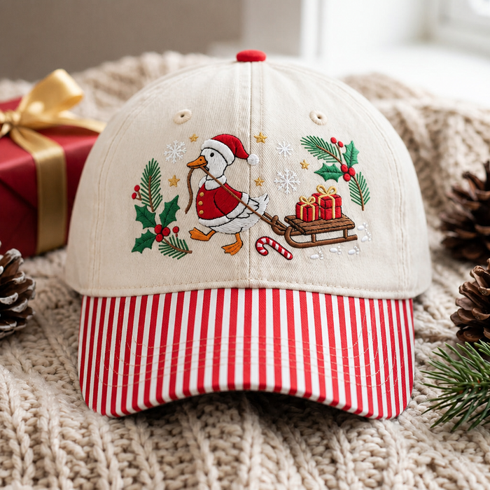 Christmas Goose Santa Hat Sled Gifts Holly Snowflakes Embroidered Gingham & Stripe Brim Hat