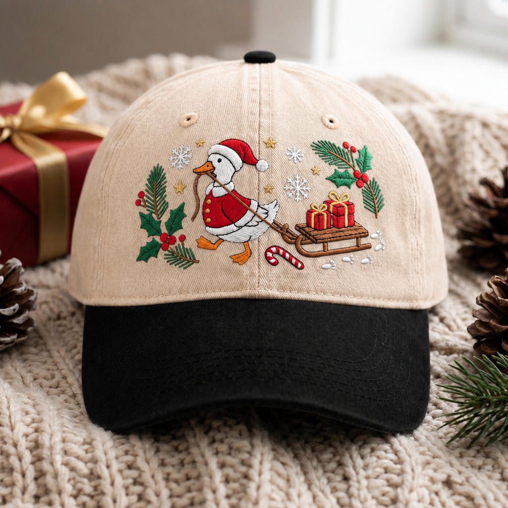 Christmas Goose Santa Hat Sled Gifts Holly Snowflakes Embroidered Two-Tone Hat