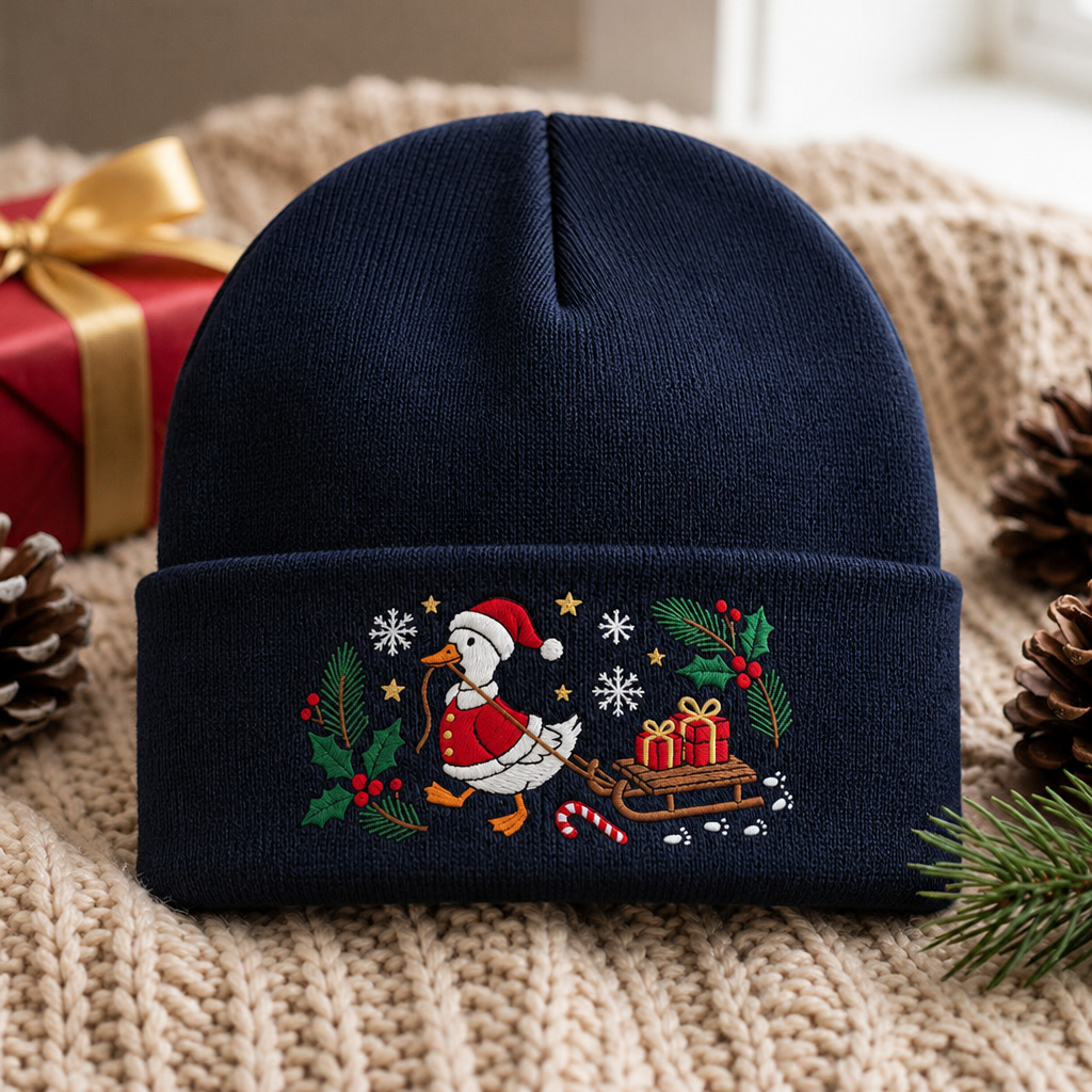 Christmas Goose Santa Hat Sled Gifts Holly Snowflakes Embroidered Beanie