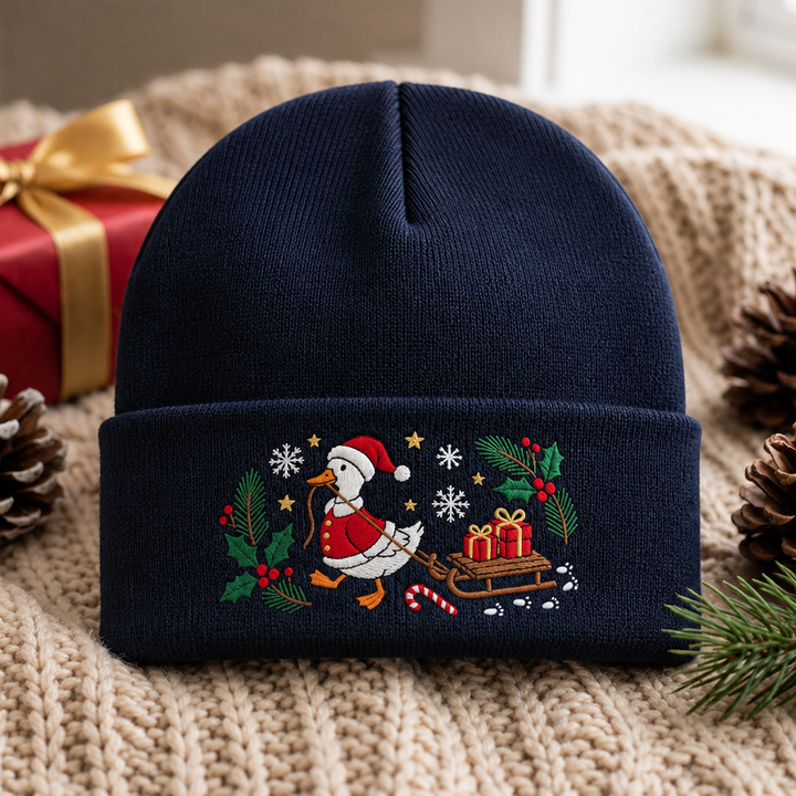 Christmas Goose Santa Hat Sled Gifts Holly Snowflakes Embroidered Beanie