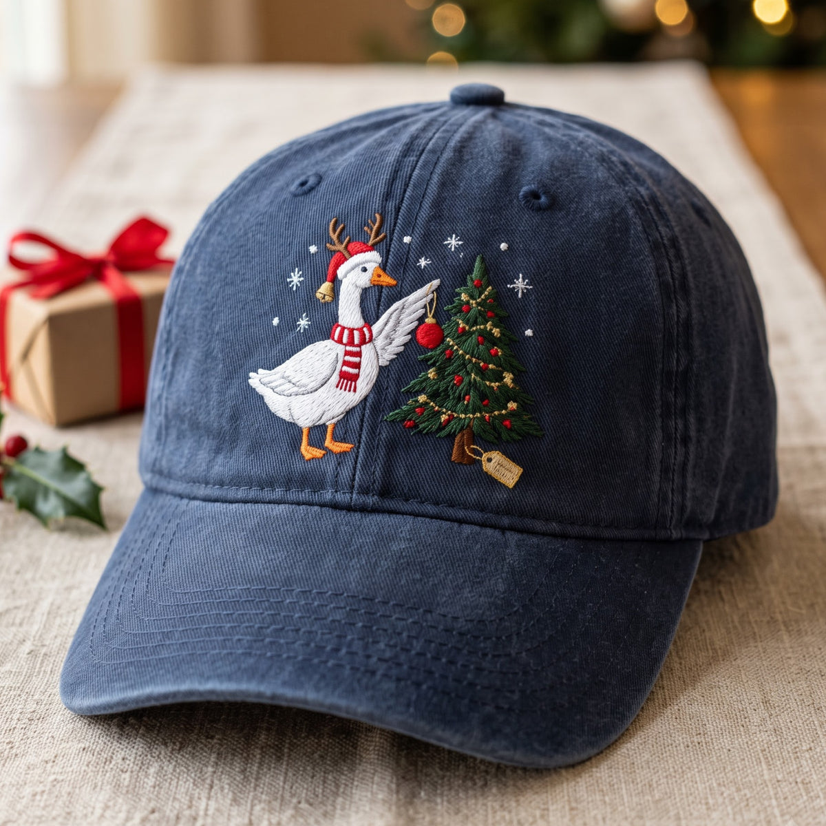 Christmas Goose Reindeer Hat Santa Scarf Decorating Tree Embroidered Hat — Washed Hat