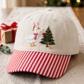 Christmas Goose Reindeer Hat Santa Scarf Decorating Tree Embroidered Gingham & Stripe Brim Hat