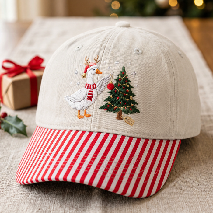 Christmas Goose Reindeer Hat Santa Scarf Decorating Tree Embroidered Gingham & Stripe Brim Hat