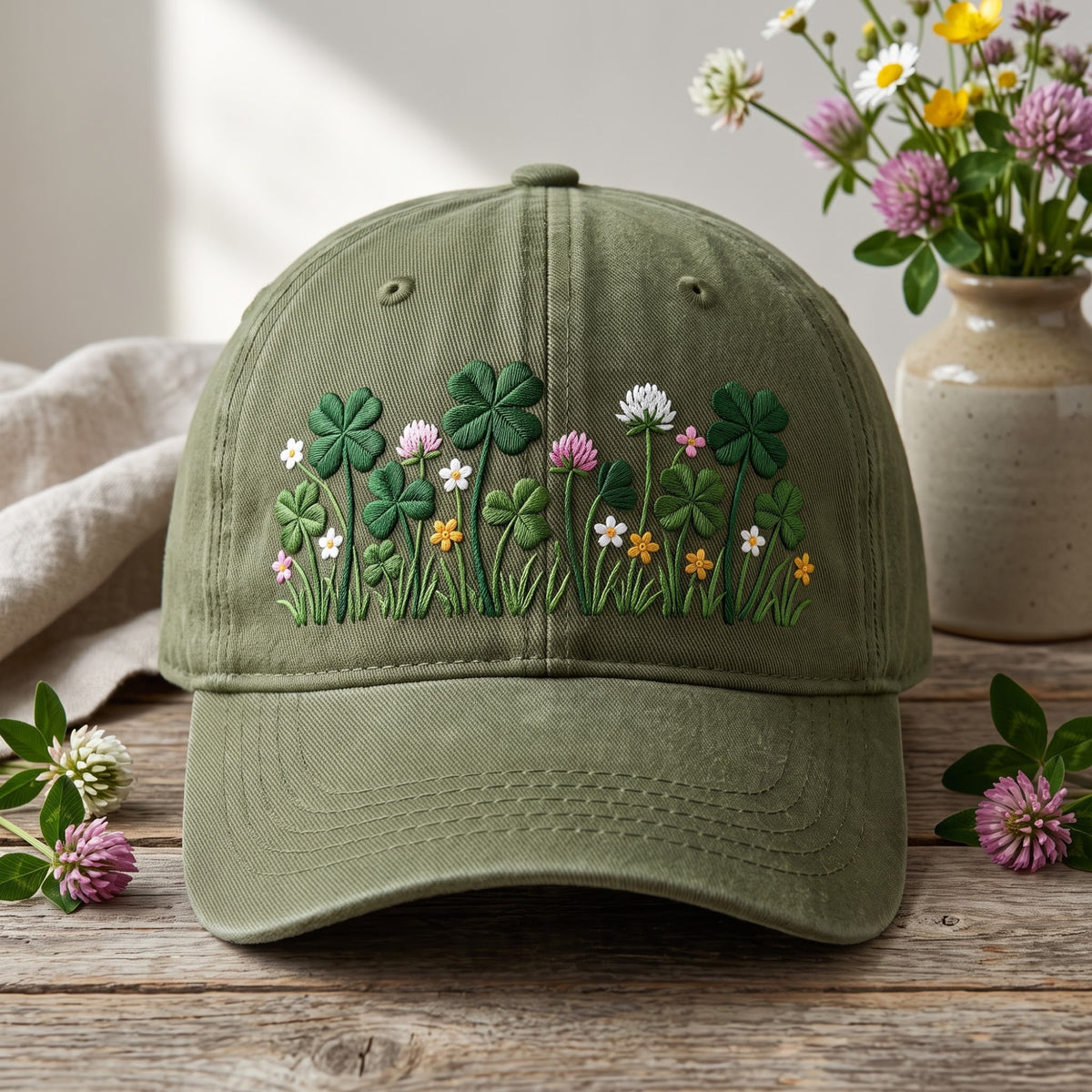 Clover Wildflower Meadow Shamrock Botanical Garden Embroidered Hat — Washed Hat