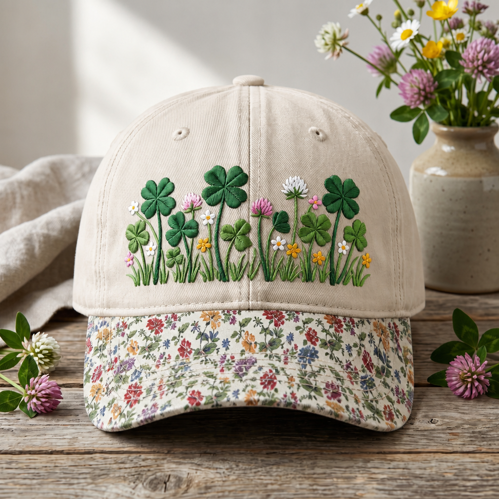 Clover Wildflower Meadow Shamrock Botanical Garden Embroidered Floral & Leopard Brim Hat