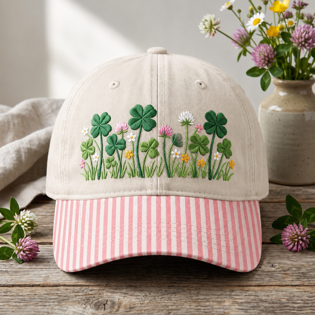 Clover Wildflower Meadow Shamrock Botanical Garden Embroidered Gingham & Stripe Brim Hat