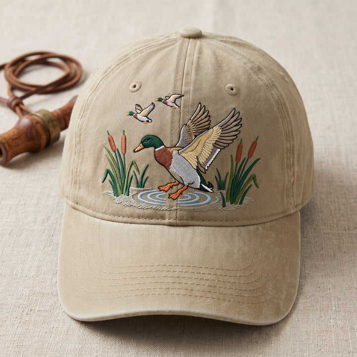 Mallard Duck Landing Cattails Marsh Scene Embroidered Hat — Baseball Cap